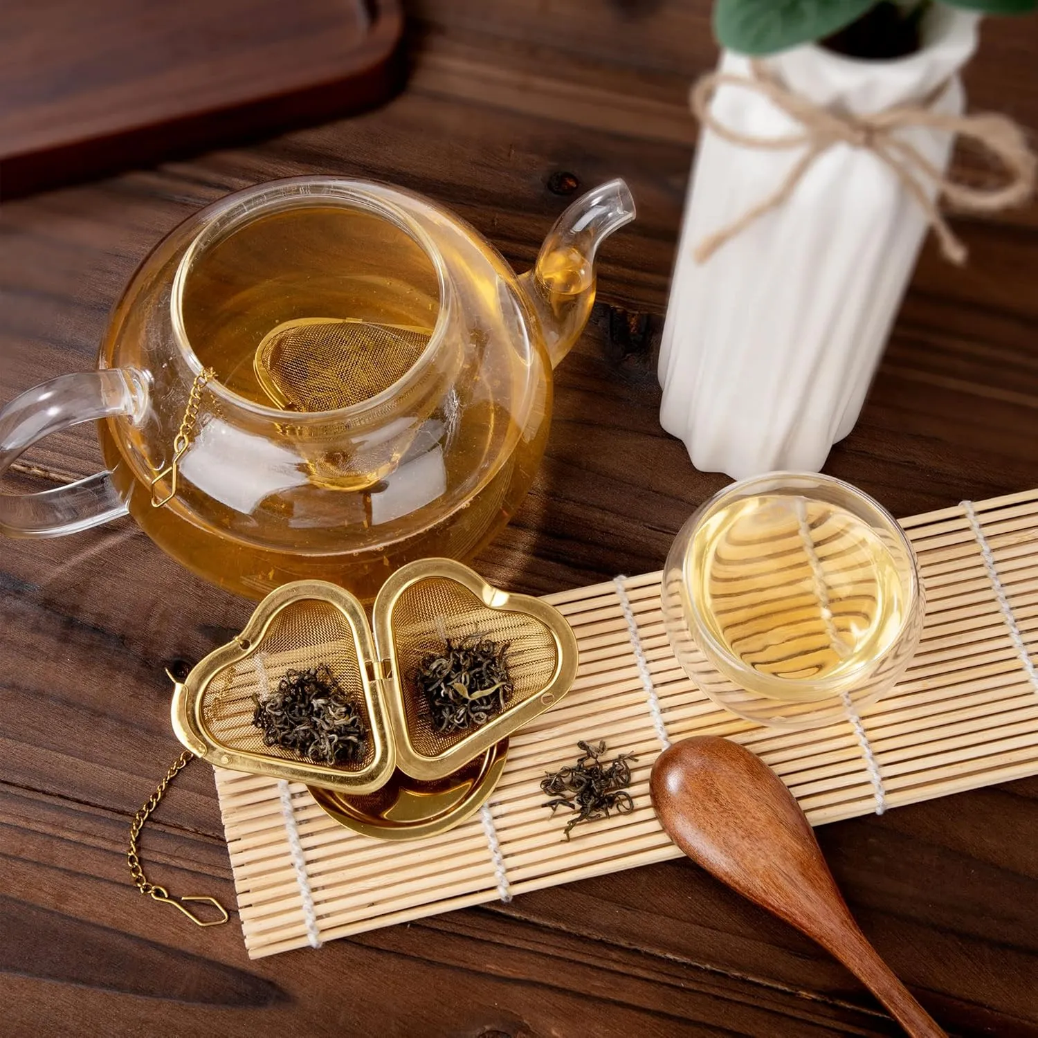 Infusor de Té de Acero Inoxidable Filtro de Té con Bandeja de Goteo Cadena Forma de Corazon para Hojas Sueltas Té 2 Piezas Oro