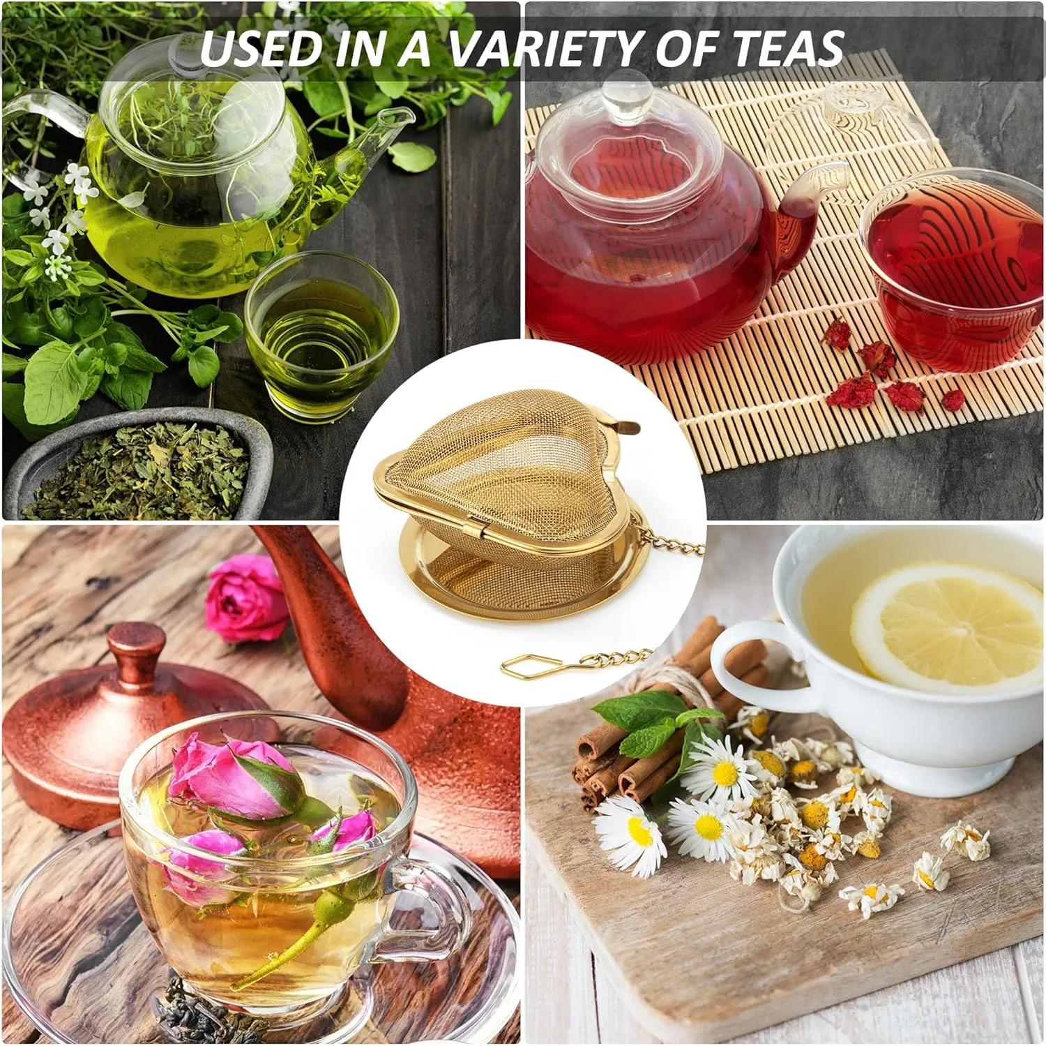 Infusor de Té de Acero Inoxidable Filtro de Té con Bandeja de Goteo Cadena Forma de Corazon para Hojas Sueltas Té 2 Piezas Oro