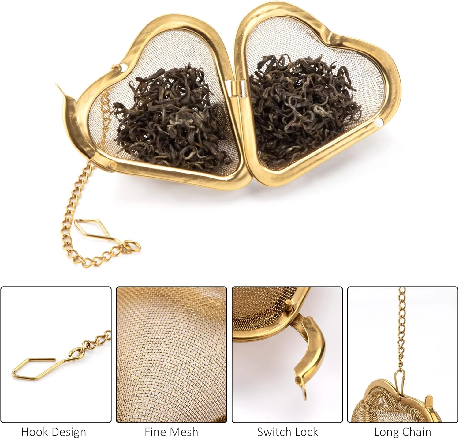 Infusor de Té de Acero Inoxidable Filtro de Té con Bandeja de Goteo Cadena Forma de Corazon para Hojas Sueltas Té 2 Piezas Oro