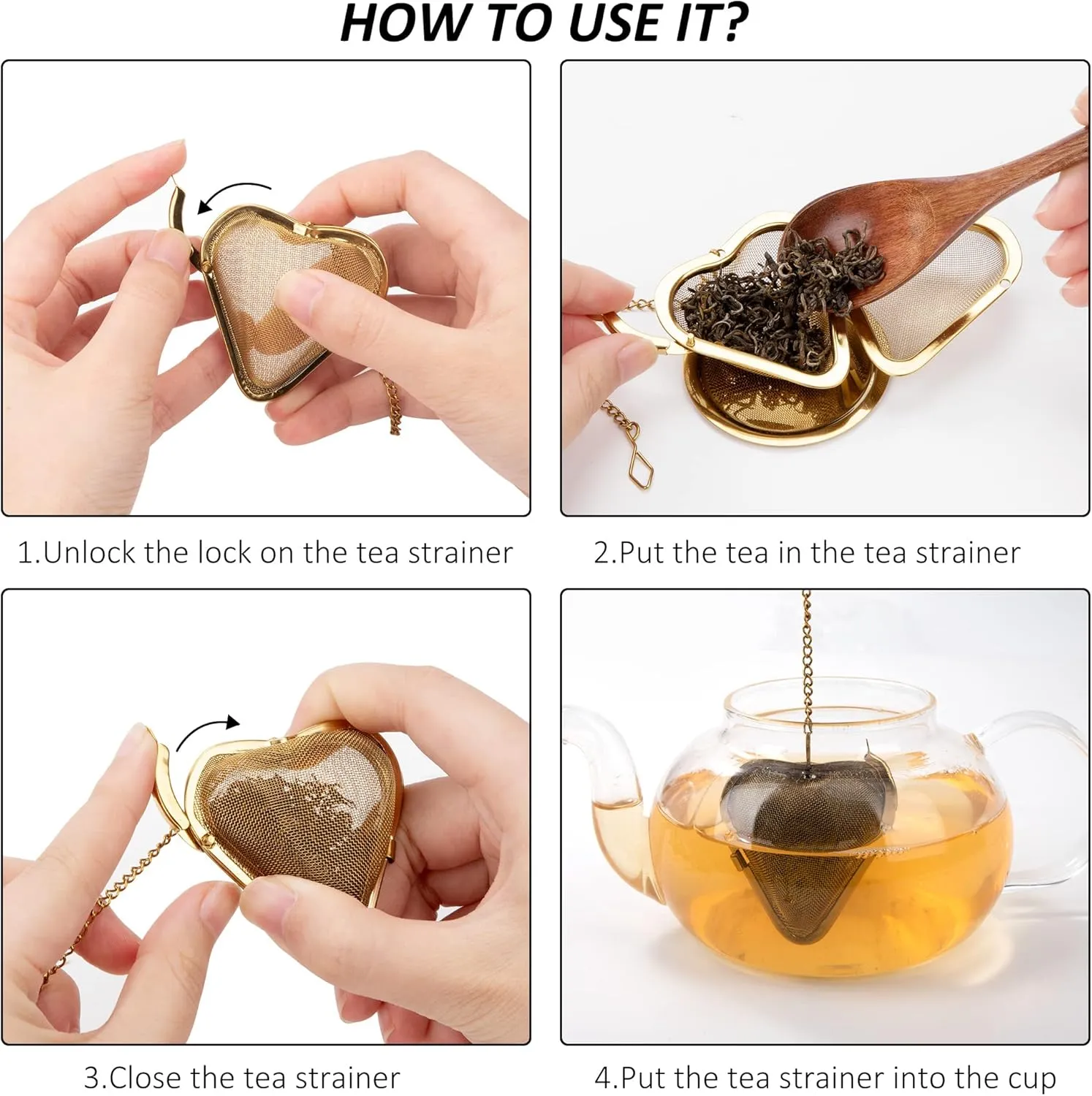 Infusor de Té de Acero Inoxidable Filtro de Té con Bandeja de Goteo Cadena Forma de Corazon para Hojas Sueltas Té 2 Piezas Oro