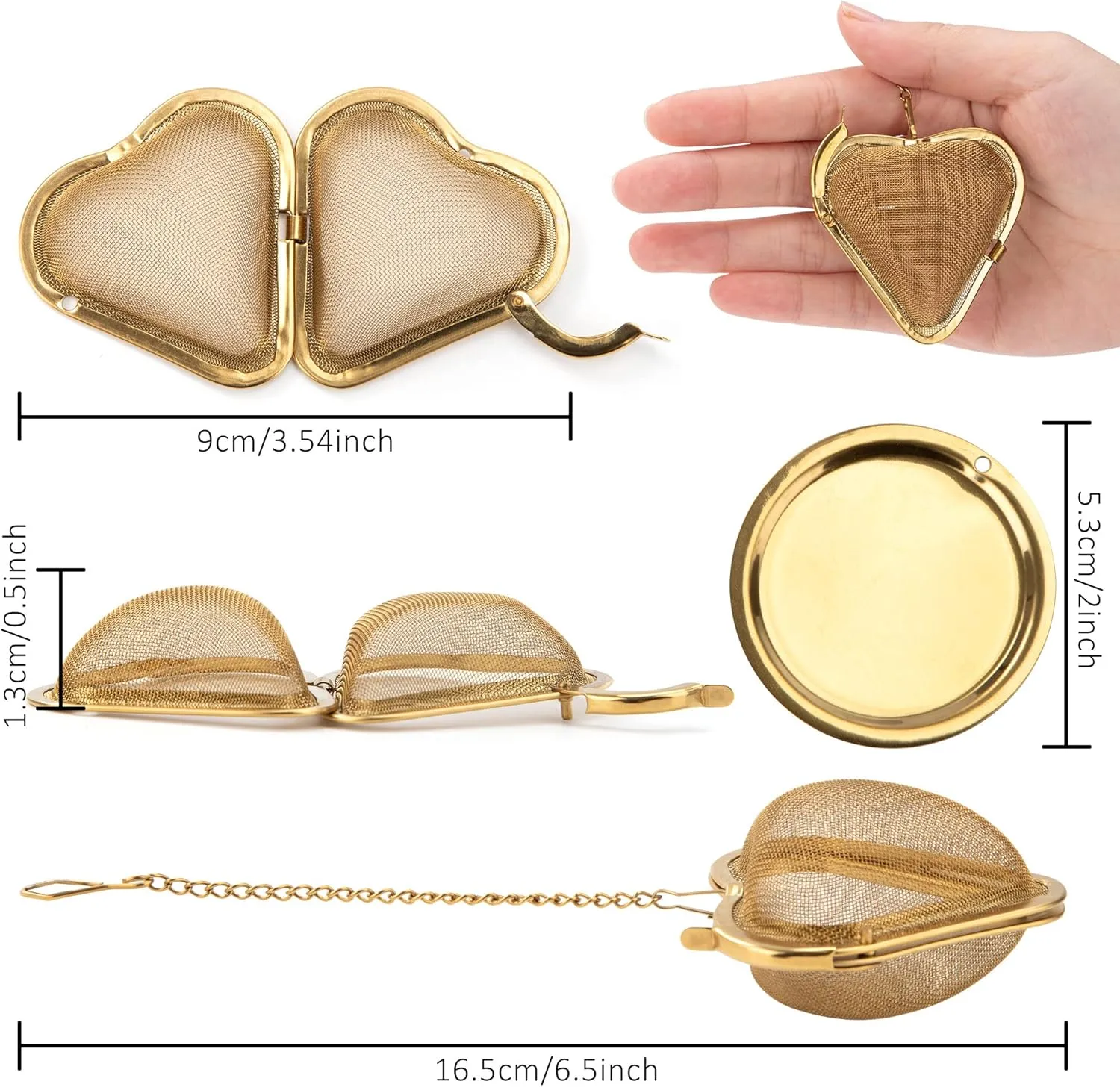 Infusor de Té de Acero Inoxidable Filtro de Té con Bandeja de Goteo Cadena Forma de Corazon para Hojas Sueltas Té 2 Piezas Oro